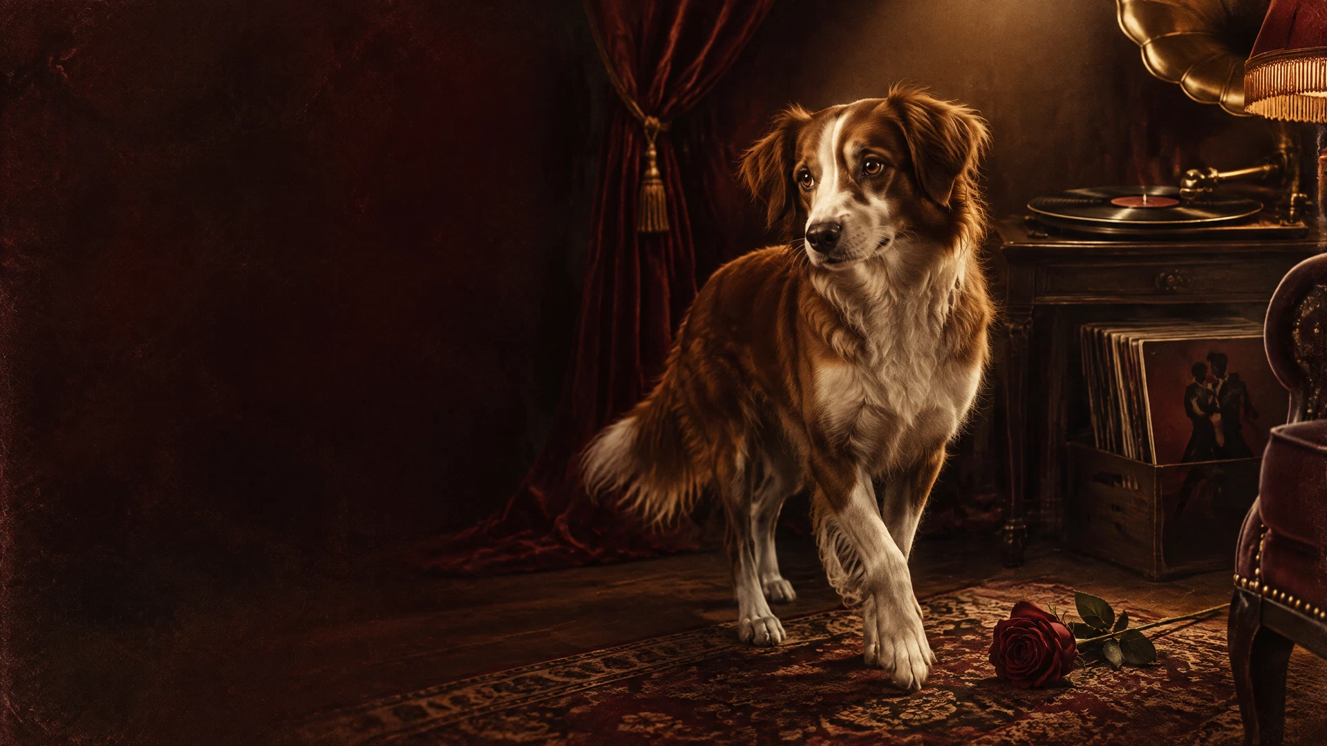 Dog Tango artwork with a dog in a warm tango listening room
