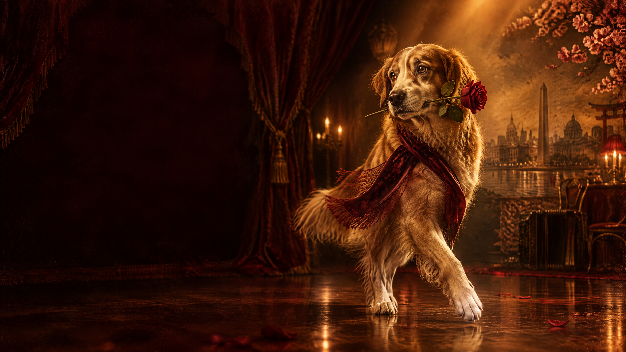 A golden retriever with a red rose in a warm tango theater